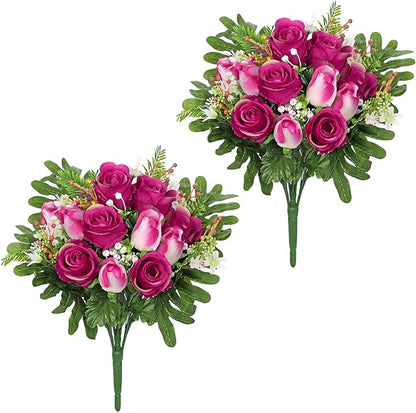 Hollyone Set of 2 Artificial Cemetery Flower for Graves Red Rose Cemetery Memorial Flowers for Outdoor Grave Decorations Silk Flower Arrangements Floral Flowers Bouquets