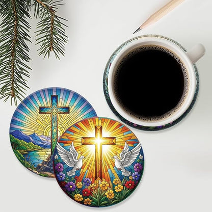 ANATTASOUL Coasters Set of 9 Cross and Flower Pattern Colorful Wooden Coasters Bulk Round Housewarming Gift for New Home, 3.9" Decorative Coffee Table Protection for Farmhouse Bar House Decor