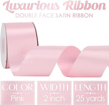 MEEDEE Pink Satin Ribbon 2 Inch Pink Ribbon Lux Double Faced Ribbons by 25 Yards Silk Satin Ribbons for Gift Wrapping, DIY Crafts, Weddings, Flower Bouquet, Holiday Decorating