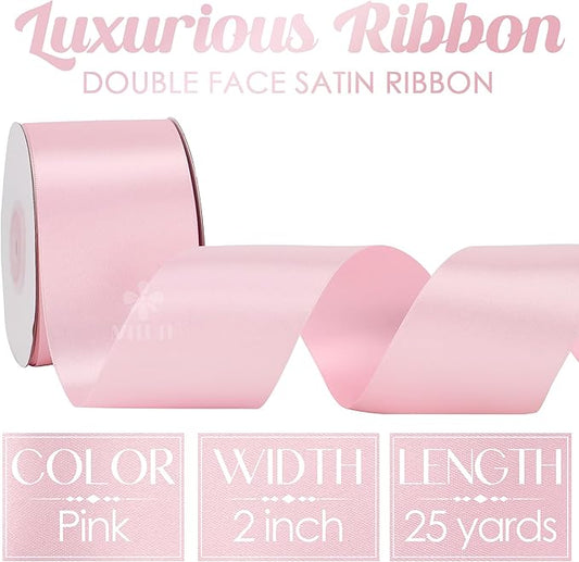 MEEDEE Pink Satin Ribbon 2 Inch Pink Ribbon Lux Double Faced Ribbons by 25 Yards Silk Satin Ribbons for Gift Wrapping, DIY Crafts, Weddings, Flower Bouquet, Holiday Decorating
