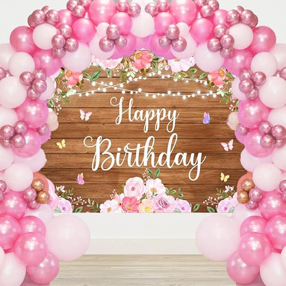 Happy Birthday Banner Rustic Wooden Butterfly Happy Birthday Backdrop for Women Girls Pink Floral Glitter Lights Decorations for Women's Party Adult Celebration Photography Background 5.9x3.6Ft