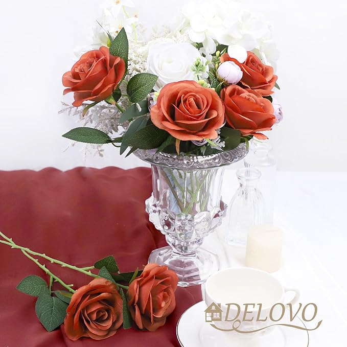 52pcs Burnt Orange Roses Artificial Flowers Fake Flowers Silk Roses with Stems for DIY Wedding Bouquets Bridal Shower Centerpieces Arrangements Party Decorations