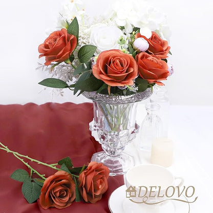 52pcs Burnt Orange Roses Artificial Flowers Fake Flowers Silk Roses with Stems for DIY Wedding Bouquets Bridal Shower Centerpieces Arrangements Party Decorations