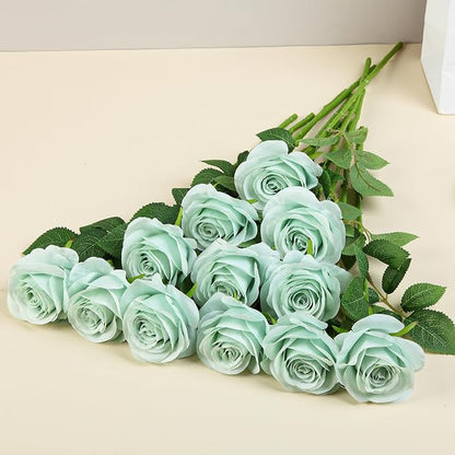 12pcs Roses Artificial Flowers Fake Roses Sage Green Silk Roses White Silk Flowers Rose with Long Stems for Wedding Home Party Centerpieces Decorations