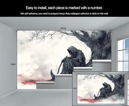 KIREUPA Grim Reaper Sitting Tree Wall Mural, Gothic Death 3d Wall Murals, Gothic Halloween Themed Wallpaper Mural, for Living Room Bedroom Large Wallpaper Indoor Decor 118" W x 82.6 "H