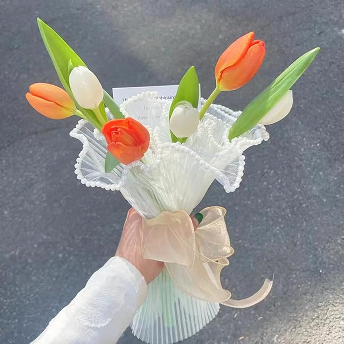 Banxidi Korean Style Ruffle Yarn Floral Wrapping Paper 1 Roll Florist Supplies Waterproof Flower Bouquet Wrapping Paper Floral Supplies for Fresh Flowers,DIY Crafts, 11in x 14.8ft (Pearl Yarn White)