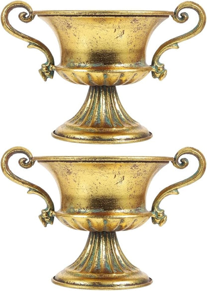 Amosfun 2pcs Vintage Urn Vase Brass Flower Pots Roman Style Trumpet Vases for Centerpieces Garden Patio Front Porch Decoration 9.2 x 6.3 Inch