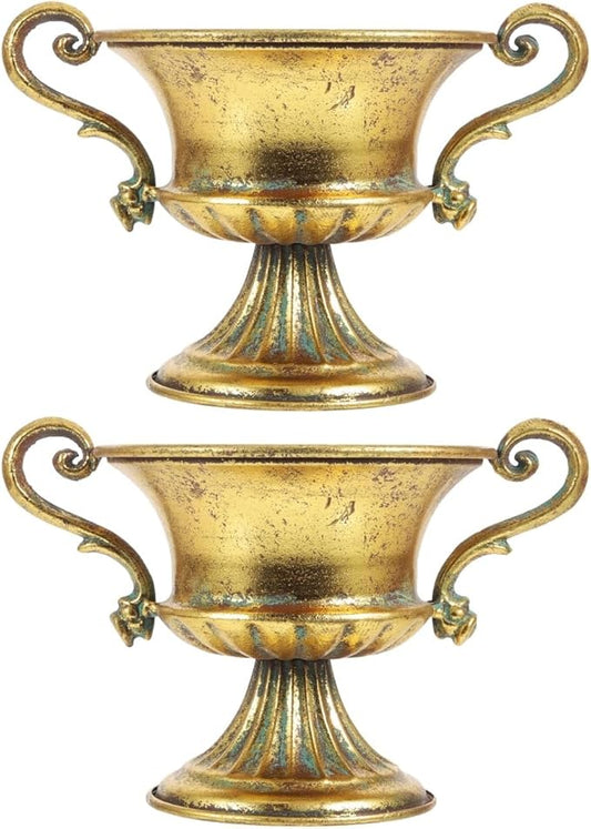 Amosfun 2pcs Vintage Urn Vase Brass Flower Pots Roman Style Trumpet Vases for Centerpieces Garden Patio Front Porch Decoration 9.2 x 6.3 Inch
