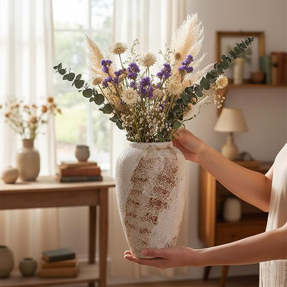 Vintage Ceramic Vase, Minimalist Texture Stone Patterned White Flower Vase, Decorative Vase for Living Room Shelf Farmhouse Dining Table Centerpiece Decor (Rustic 11.8'')