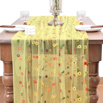 Joanlody 3pcs Yellow Embroidery Daisy Christmas Table Runner Florals Seasonal Tulle Table Runner Holiday Kitchen Dining Table Decoration Wedding Party