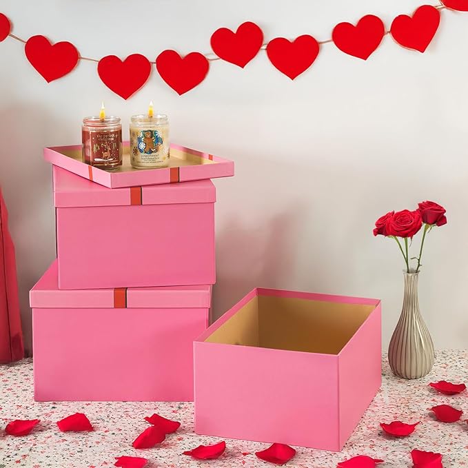 Soul & Lane Pink Valentine's Day Gift Boxes for Presents, Set of 3 Blush Sparkle Cardboard Storage, Large Decorative Keepsake Boxes with Lids for Gifts, Clothing, Decoration