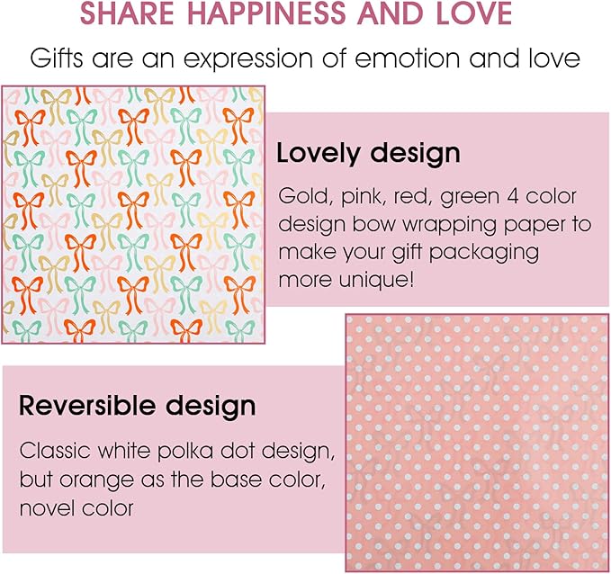 Afucus Reversible Bow Wrapping Paper, Wave point Themed Gift Wrapping Paper, Cute Mini Rolls for Girls, Women, Valentine's Day, Birthday, Mother's Day, Wedding, Baby Shower (17 Inch X 33 Feet)
