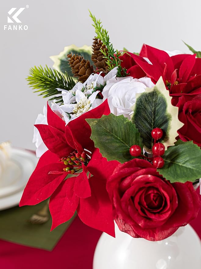 FANKO Christmas Artificial Flowers Rose: Red Poinsettias Artificial Fake Silk Red & White Rose Combo Set for DIY Tree Decor Xmas Wreath Floral Arrangements Centerpieces
