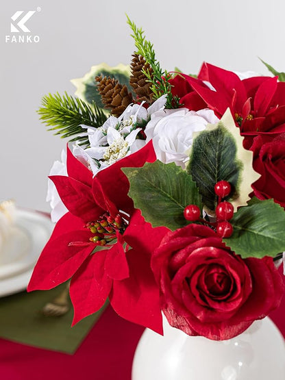 FANKO Christmas Artificial Flowers Rose: Red Poinsettias Artificial Fake Silk Red & White Rose Combo Set for DIY Tree Decor Xmas Wreath Floral Arrangements Centerpieces