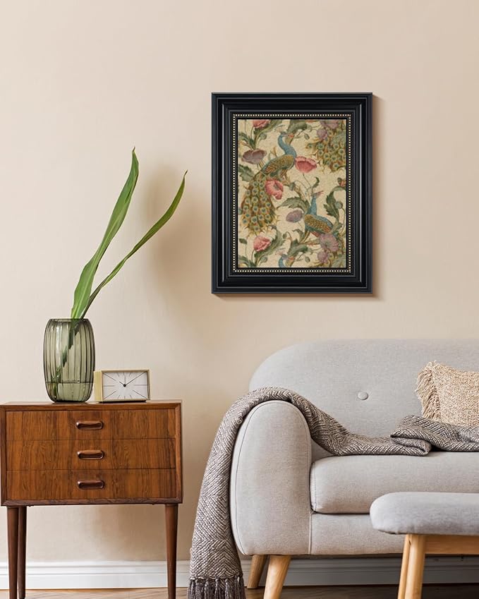 WHASAYART Vintage 3D Textured Framed Wall Art, Peacock Vine with Poppies Floral Print, Large Bird Sandstone Panel Print 16x20 inch Artwork, Rustic Retro Bedroom Living Room Home Office Decor