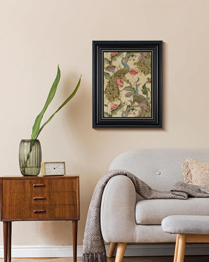 WHASAYART Vintage 3D Textured Framed Wall Art, Peacock Vine with Poppies Floral Print, Large Bird Sandstone Panel Print 16x20 inch Artwork, Rustic Retro Bedroom Living Room Home Office Decor