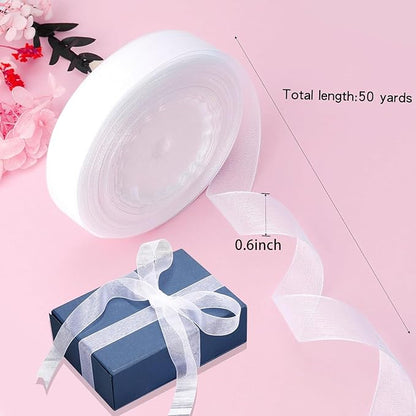 Cftone 4 Yards Pearl Edge Flower Wrapping Mesh Paper with 3/5 inch Organza Ribbon 50 Yard Gift Wrap Ribbon, Bouquet Transparent Mesh Wrapping Paper for Mother's Day Valentine's Day Wedding Graduation Birthday Gift (White with 50 Yard White Ribbon)
