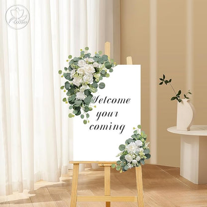 Artificial Wedding Arch Flowers for Wedding Sign,Set of 2 for Wedding Welcome Ceremony Sign,Faux Floral Swags,Wedding, Banquet and Reception Backdrop Floral Decoration (White)