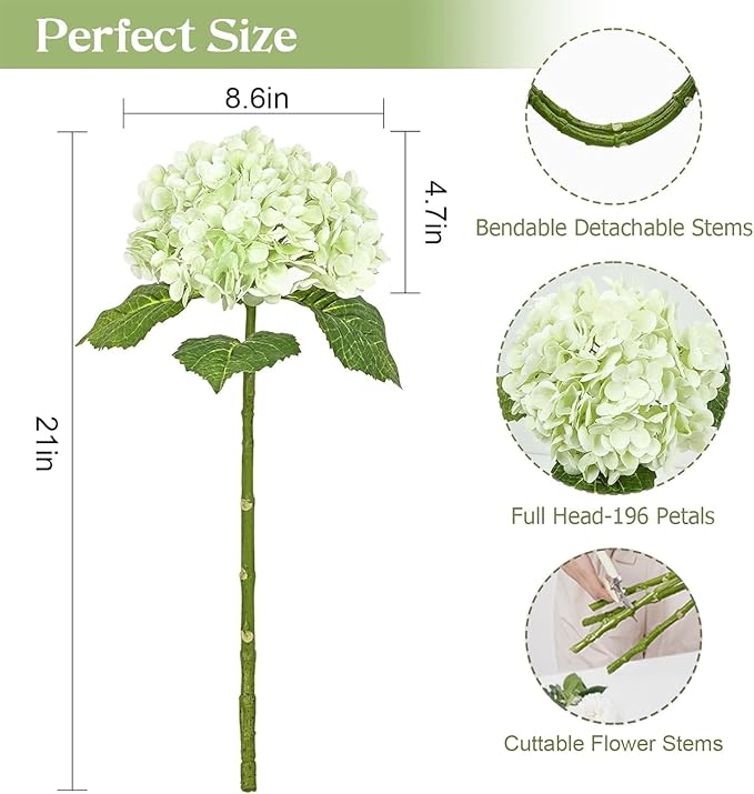 Waipfaru 4Pcs Real Touch Hydrangea Artificial Flowers, Green & White Fake Hydrangea Flowers, 21" Lifelike Latex Faux Hydrangea Flowers for Wedding Bouquet Home Decor Centerpieces