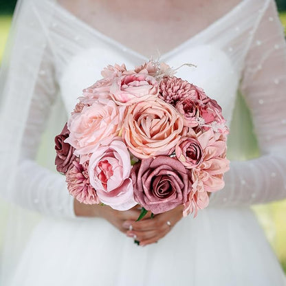 Artificial Flowers Combo Dusty Pink Roses with Stems Bouquets Bridal Wedding Shower Decorations Fake Floral for Party Table Centerpieces Home Decor