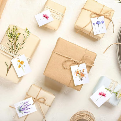 50 Set Floral Blank Gift Tags with String, 2 x 3 in Watercolor Floral Xmas Gift Paper Tags Hanging Label Set for 5 Flower Designs for Bridal Baby Shower Xmas Party Favor Decor Supplies