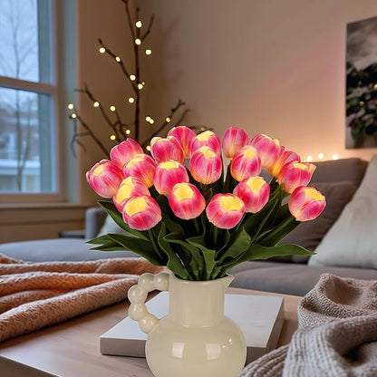 LED Lighted Artificial Tulip Lamp, Real Touch Tulip Flowers, 15 Inch Faux Tulip Bouquet with Battery Operated Lights for Gifts, Home Kitchedn Wedding Decor(Hot Pink)