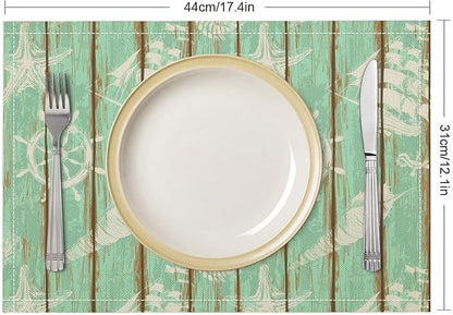 Nautical Theme Placemats Rustic Retro Wooden Board Anchor Starfish Shells Art Printed Dining Table Mats Set of 4 for Restaurant Home Kitchen Holiday Decor 12x18in