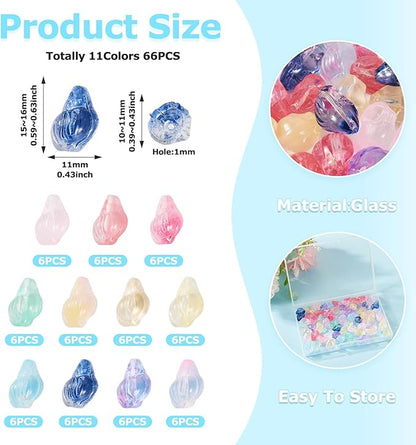 66Pcs Glass Conch Shell Beads Colorful Spiral Shells Glass Crystal Beads Transparent Spray Paint Ocean Beach Seashell Bead Marine Life Bead for DIY Craft Bracelet Earring Jewelry Making