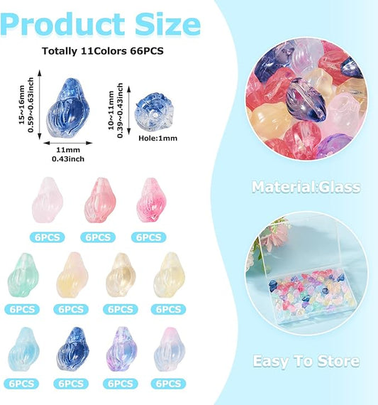 66Pcs Glass Conch Shell Beads Colorful Spiral Shells Glass Crystal Beads Transparent Spray Paint Ocean Beach Seashell Bead Marine Life Bead for DIY Craft Bracelet Earring Jewelry Making