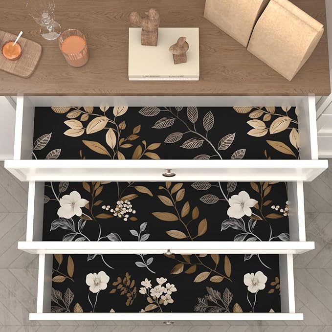 Black Floral Wallpaper Peel and Stick Vintage Leaf Contact Paper Waterproof Self Adhesive Removable Modern Boho Wall Paper for Bedroom Cabinets Kitchen Locker Drawer 17.5"X118"