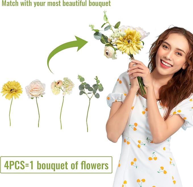Zerzsy 4pcs Peonies Artificial Flowers, Champagne ArtificialPeony, Silk Faux Flower Fake Yellow Peonies Artificial Flowers Peonies Bouquet for Centerpiece Table Wedding Party Home Decor