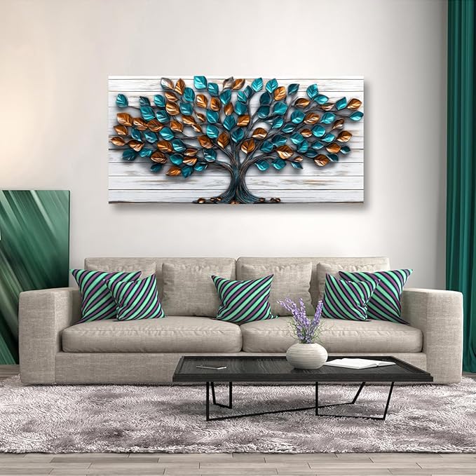 Tree Nature Wall Art Bedroom Abstract Wall Decor Living Room,Tree of Life Canvas Wall Art Office Farmhouse Paintings Artwork Modern Teal Golden Leaves Wall Art Prints Pictures 20 * 40inch