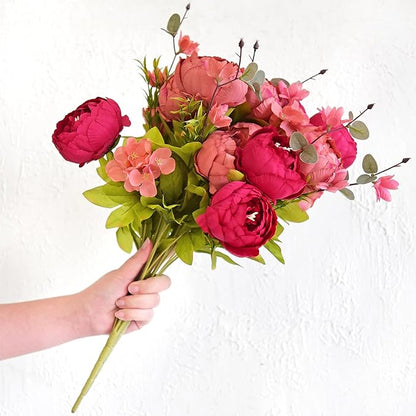 FiveSeasonStuff Vintage Artificial Peonies Silk Flowers and Hydrangeas for Wedding Bridal Home Décor – Beautiful Floral Centerpiece Arrangement Decoration with 2 Bouquets (Country Barn Red)