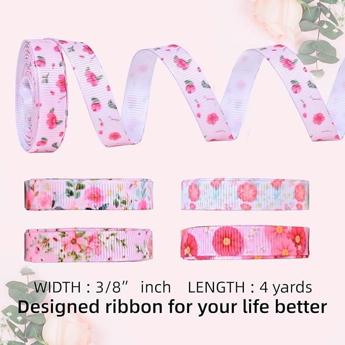 Floral Grosgrain Ribbon, 5 Rolls Flower Pattern Ribbon Spring Summer Fabric Decorative Craft Ribbon Roll for Gift Wrapping Decor Hair Bow Sewing Wreath Crafts (Pink Floral, 3/8 inch X 20Yards)