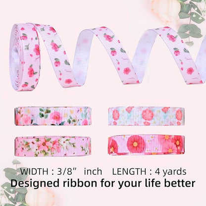 Floral Grosgrain Ribbon, 5 Rolls Flower Pattern Ribbon Spring Summer Fabric Decorative Craft Ribbon Roll for Gift Wrapping Decor Hair Bow Sewing Wreath Crafts (Pink Floral, 3/8 inch X 20Yards)