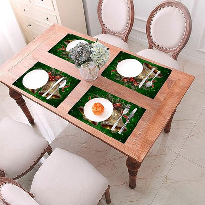 PVC Placemats Set of 6 Wipeable Table Mats Washable Heat Resistant Non Slip Vinyl Dining Table Mat for Kitchen Indoor Outdoor Patio Farmhouse Place Mats Green Christmas Bell Decorative