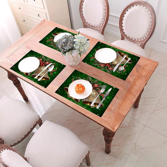PVC Placemats Set of 1 Wipeable Table Mats Washable Heat Resistant Non Slip Vinyl Dining Table Mat for Kitchen Indoor Outdoor Patio Farmhouse Place Mats Green Christmas Bell Decorative