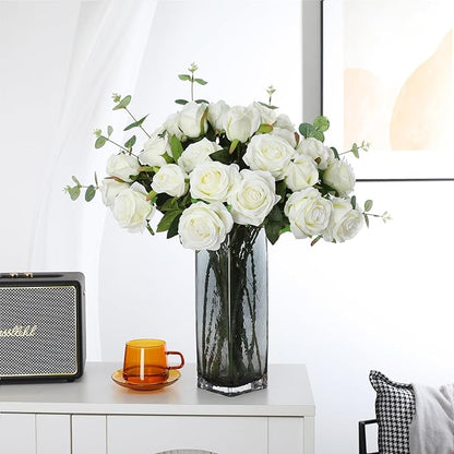 Tifuly White Roses Artificial Flowers - 12 pcs Realistic Long Stem Fake Roses Mashup Style Silk Roses for DIY Bouquets Wedding Centerpieces Arrangements Home Party Decor