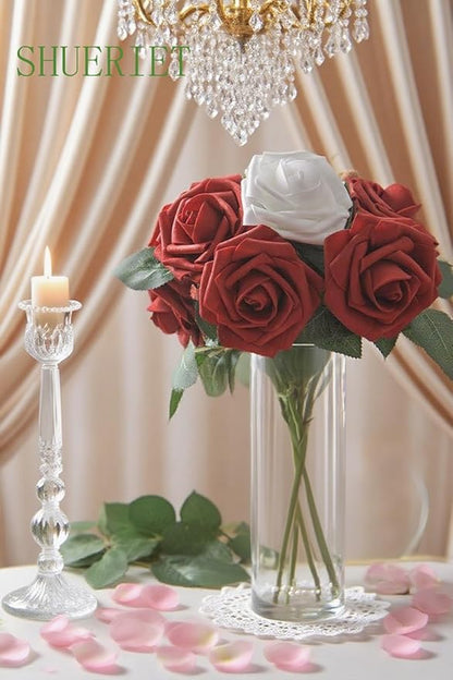 Dark Red Artificial Roses 25pcs, Real Looking Fake Foam Flowers with Stems for DIY Wedding Bouquets, Centerpieces, Valentine's Day, Christmas Tree Decoration