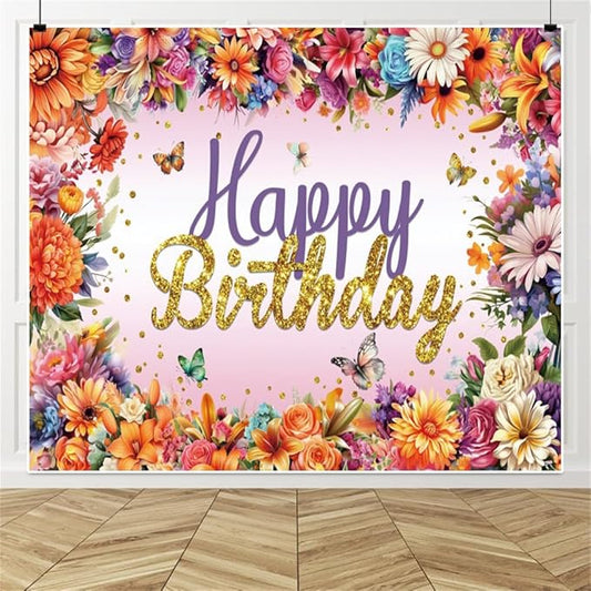Colorful Flowers and Butterflies Birthday Backdrop, 10x8ft, Polyester Fabric, Deal for Photo Shoots, Celebrations, and Decor, Perfect for Birthday Party Decoration and Event Photography