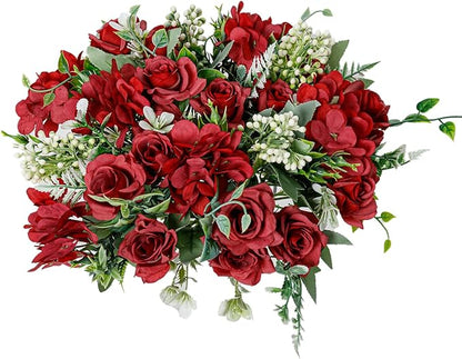 Artificial Flower 5 Branches Artificial Silk Fake Flowers Bouquet Small Roses for Wedding Home Office Tables Decor 4 Packs(Red)