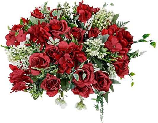 Artificial Flower 5 Branches Artificial Silk Fake Flowers Bouquet Small Roses for Wedding Home Office Tables Decor 4 Packs(Red)
