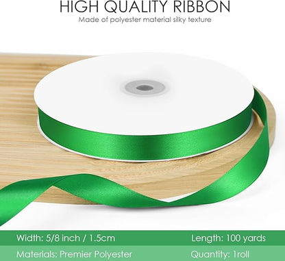 100 Yards 5/8 inch Satin Ribbon, Fabric Ribbon Solid Color Perfect for Gift Wrapping, Wedding, Handmade Bows, Floral Bouquets and Party Decoration(Green)