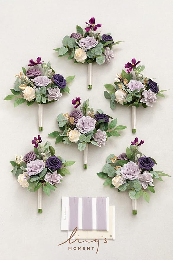 Ling's moment Artificial Flowers Purple Bridesmaid Bouquet Set of 6, Lavender Wedding Flowers Bouquets for Bridesmaids, 7 Inch Bridal Bouquets for Bridesmaids, Wedding, Ceremony, Anniversary, etc