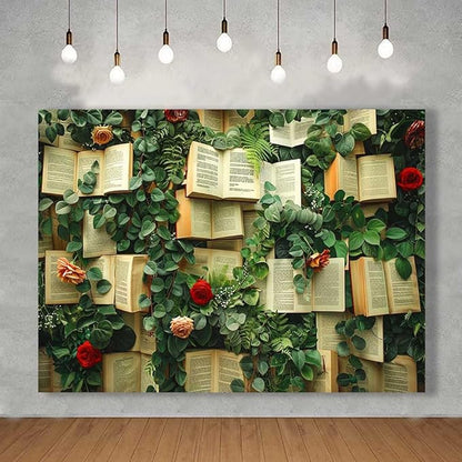 7x5FT Books Theme Photo Backdrop Books Red and Pink Rose Flowers Wall Floral Bridal Shower Backdrops Kids Birthday Girls Wedding Party Decoration Supplies Photo Booth Props KUBDJ976