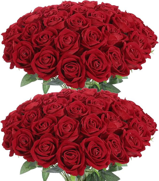 50Pcs Red Roses Artificial Flowers Fake Roses Faux Velvet Silk Flower for Home Wedding Decoration (Pearl Rose, Red)