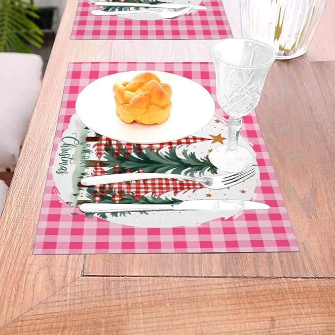 PVC Placemats Set of 1 Wipeable Table Mats Washable Heat Resistant Non Slip Vinyl Dining Table Mat for Kitchen Indoor Outdoor Patio Farmhouse Place Mats Pink Grid Christmas Tree Decorative