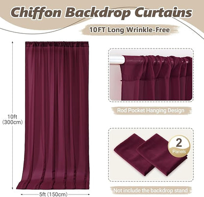 10ft x 10ft Burgundy Backdrop Curtains, Wrinkle-Free Sheer Chiffon Fabric Photo Backdrop Drapes for Wedding Arch Party Ceremony Stage Photography Decorations