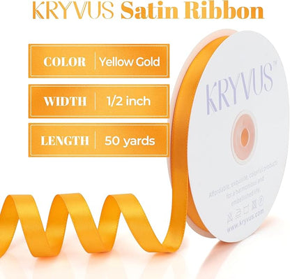 Yellow Gold Satin Ribbon, Double Faced 1/2 Inch X 50 Yards Yellow Gold Ribbon, Premium Satin Ribbon for Gift Wrapping, Crafts, Hair Bow Making, Sewing, Flower Bouquet, Wedding Party Decor