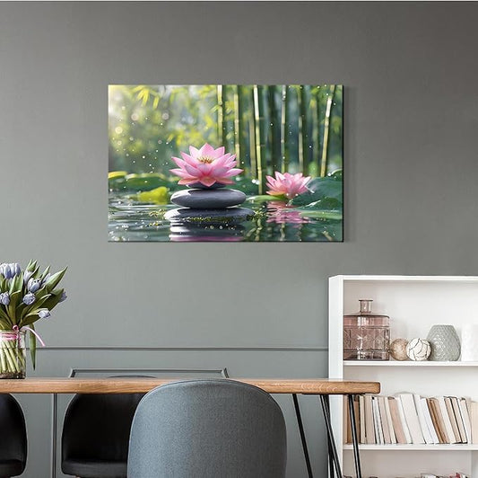 Ethereal pink lotus on obsidian Sunlit bamboo forest with sparkling water drops Poetic nature inspired wall art for tranquil homes and mindful spaces 24x36in Frameless